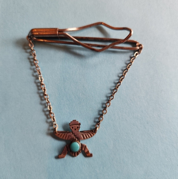 VINTAGE Navajo Turquoise Sterling Thunderbird Warrior tie clip 925 RARE - Picture 2 of 9